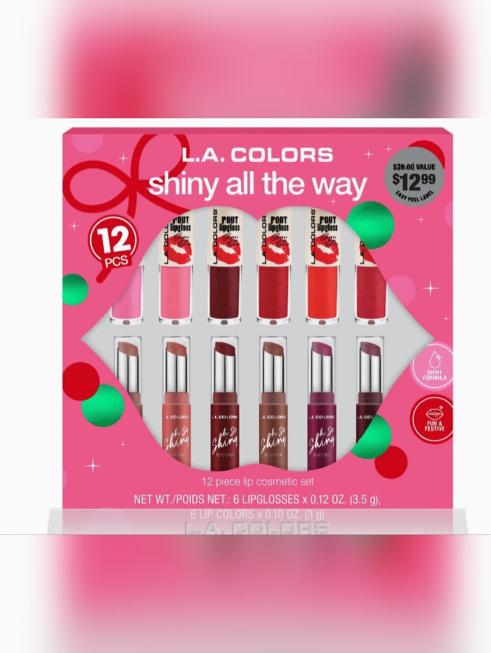 L.A. COLORS Shiny All The Way 12-Piece Lip Set - Pink & Red Mix